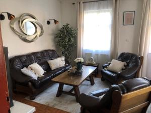 a living room with leather couches and a coffee table at ADELLE cottage in KRKONOŠE national park in Rudník