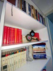 a book shelf filled with books and a clock at Rooftop terrace appartment in Skopje