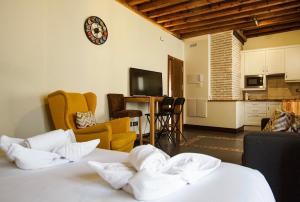 Cet appartement comprend une chambre avec deux lits, une cuisine et un salon. dans l'établissement Tiempo de Toledo, à Tolède