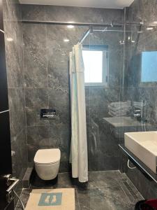 a bathroom with a toilet and a shower and a sink at Lorenso Guest House in Sarandë +30 photos