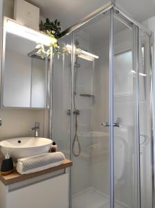 a bathroom with a glass shower and a sink at Zen Zone Premium Mobile Home in Drage