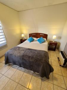 a bedroom with a large bed with blue pillows at Frente Al Parque Arauco in Santiago