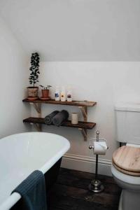 a bathroom with a toilet and a bath tub at Roxie House a cosy farm refurbished Coach House. in Gittisham