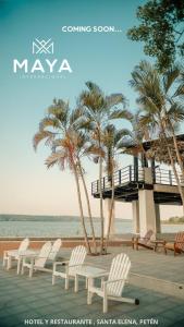 弗洛雷斯的住宿－瑪亞國際酒店，海滩上的一组椅子和棕榈树