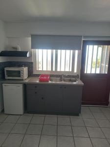 a kitchen with a sink and a microwave at Voulias Αpartments in Kini