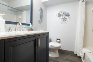 a bathroom with a sink and a toilet and a mirror at Aurora at Nautilus - Pet Friendly Oceanfront Condo in Ocean Shores