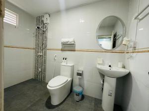 W łazience znajduje się toaleta, umywalka i lustro. w obiekcie Hedheykuri Residence Fuvahmulah w mieście Fuvahmulah