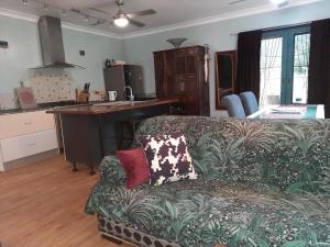Daintree Rainforest Accommodation في Cow Bay: غرفة معيشة مع أريكة ومطبخ