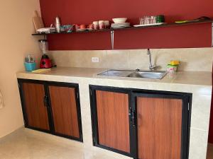 a kitchen with a sink and a counter top at Departamento en el centro de la ciudad de Baños con netflix, wifi, garage gratuito y una excelente vista in Baños