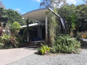 Daintree Rainforest Accommodation في Cow Bay: منزل به شرفة مغطاة وبعض النباتات
