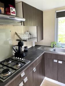 a kitchen with a stove top and a sink at Mobil-Home Baie Saint-Michel, Serre-Ponçon in Chorges