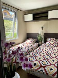 a bedroom with two beds and a window at Mobil-Home Baie Saint-Michel, Serre-Ponçon in Chorges