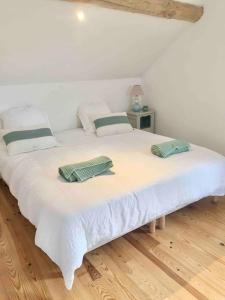 a large white bed with two pillows on it at Cottage de charme à la campagne in Aulnoy