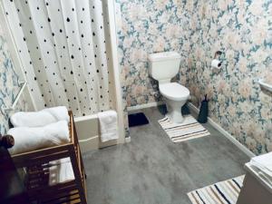 a bathroom with a toilet and floral wallpaper at River Cottage in Blenheim