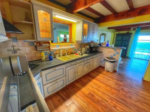 cocina con suelo de madera y encimera en Villa Grande l'Anse, en Petite Île