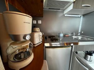 uma pequena cozinha com um lavatório e comodidades para preparar café em Villa Grande l'Anse em Petite Île