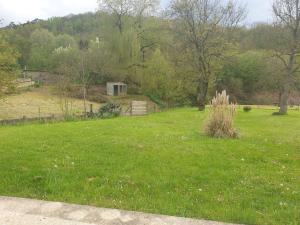 un champ d'herbe verte avec une maison en arrière-plan dans l'établissement GÏTE LE CONFLUENT, à Vireux-Molhain