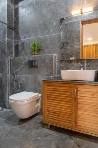a bathroom with a toilet and a sink at Kasauli Hill Crest Luxury 2BHK Apartment in Kasauli +29 photos