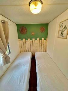 two beds in a small room with green walls at La Louée du canal 