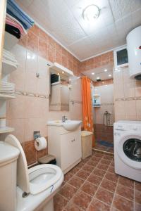 uma casa de banho com um WC e uma máquina de lavar roupa em Apartman Aleksandar em Kladovo