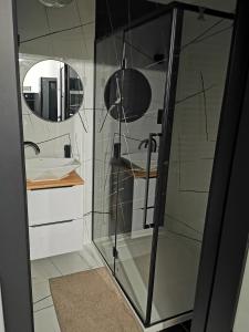 uma casa de banho com uma cabina de duche em vidro e um lavatório. em Apartament przy Bursztynowym Stadionie em Gdansk