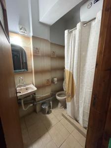 ein Bad mit einem WC, einem Waschbecken und einer Dusche in der Unterkunft The Beehive 2 in Mytilini