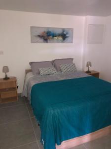 - une chambre avec un grand lit et une couverture bleue dans l'établissement Gîte la Pradelienne en Cévennes avec piscine privée, 