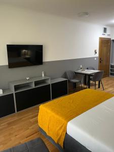 Habitación de hotel con cama y TV de pantalla plana. en Apartman Stella Rossa, en Palić