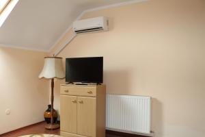 a living room with a tv and a air conditioner at Amelia House in Făgăraş