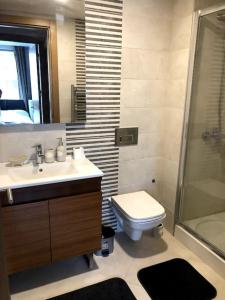 een badkamer met een toilet, een wastafel en een douche bij Modern mükemmel bir manzaralı in Istanbul