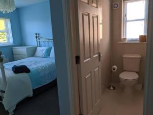 a blue bedroom with a bed and a toilet at Appletree House 