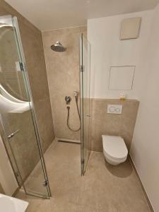 a bathroom with a shower and a toilet at Bella Boltenhagen in Boltenhagen +34 photos