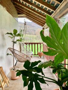 un porche con columpio y plantas en una cubierta en Abury, tables et chambres , randos et bien être à la montagne, en Barcus