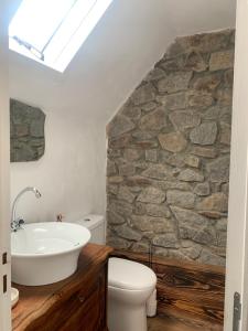 een badkamer met een wastafel en een stenen muur bij Gîte des Pommiers in Le Fresne-Poret