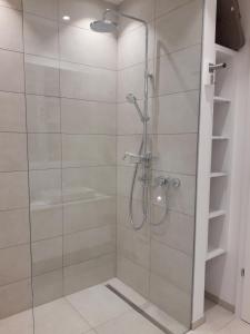 a bathroom with a shower with a glass door at Apartment Augenweide in Annenheim