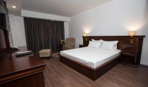 una camera d'albergo con letto e TV di Hotel Sky Gevgelija a Gevgelija