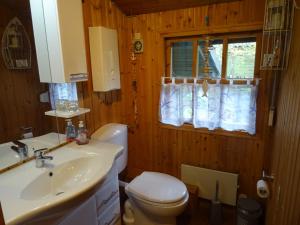 a bathroom with a sink and a toilet and a window at Ferienhäuser Hansen-Rerup in Silberstedt
