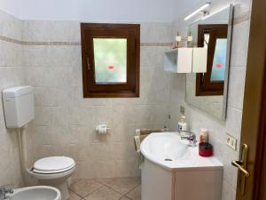 ein Badezimmer mit einem WC, einem Waschbecken und einem Spiegel in der Unterkunft Torre Ferienwohnung mit Garten in San Siro