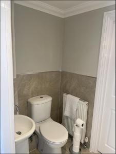 a bathroom with a white toilet and a sink at Yew Tree Court in Heswall