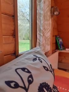 a bed in a room with a window at Campingfass Almtal in Scharnstein