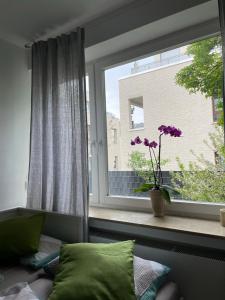 - une chambre avec une fenêtre, un lit et un pot de fleurs dans l'établissement Private room in Misburg, Hanover, à Hanovre