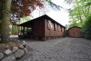uma pequena cabana de madeira com uma árvore e uma entrada em Domek u Justy. em Pojezierze