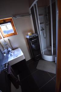 uma pequena casa de banho com um lavatório e um chuveiro em Domek u Justy. em Pojezierze