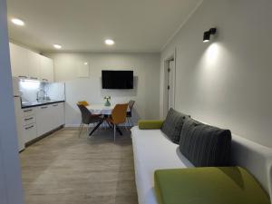 ein Wohnzimmer mit einem Sofa, einer Küche und einem Tisch in der Unterkunft Apartments Ivančić in Mimice