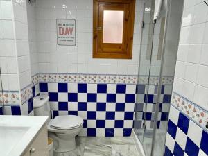 a bathroom with a blue and white checkered wall at El Rincón del Sacristán in Córdoba