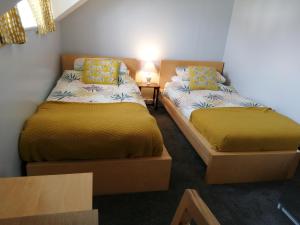 a bedroom with two beds with yellow sheets at Homely 4-Bed House close to stunning beach in Pwllheli