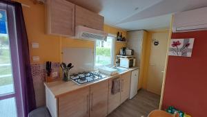 a small kitchen with a stove and a microwave at Muntagn' home in Corte