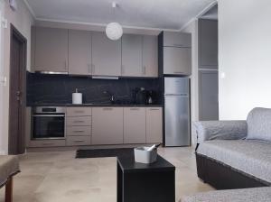 cocina con electrodomésticos de acero inoxidable y sofá en A & F Apartments - Fay's house, en Kalivia Poligirou