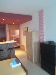 a room with a kitchen with a counter and a refrigerator at argiri appartments in Olympiada