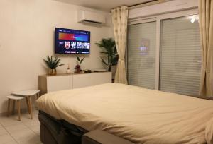 Televízia a/alebo spoločenská miestnosť v ubytovaní Port-Fréjus, LE CONSUL, appartement 2 pièces climatisé, terrasse & parking